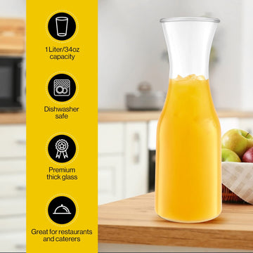 1 Liter Glass Carafe - Drink Pitcher & Elegant Wine Carafe Decanter - Carafe Set of 4 - Mimosa Bar Carafes & Juice Glasses - Easy Pour Bottle Containers - Glass Water Carafe - 34 oz by Kitchen Lux